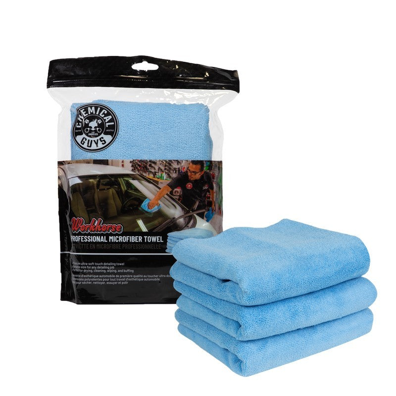 Chemical Guys MICBLUE03 FITS: Workhorse Professional Microfiber Towel 16in x 16in Blue 3 Pack Microfibers & Towels