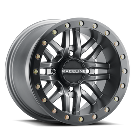 Raceline A91G-47056-52 FITS: A91G Ryno 14x7in/4x156 BP/10mm Offset/132.5mm Bore Gunmetal & Black Ring Beadlock Wheel Wheels Cast