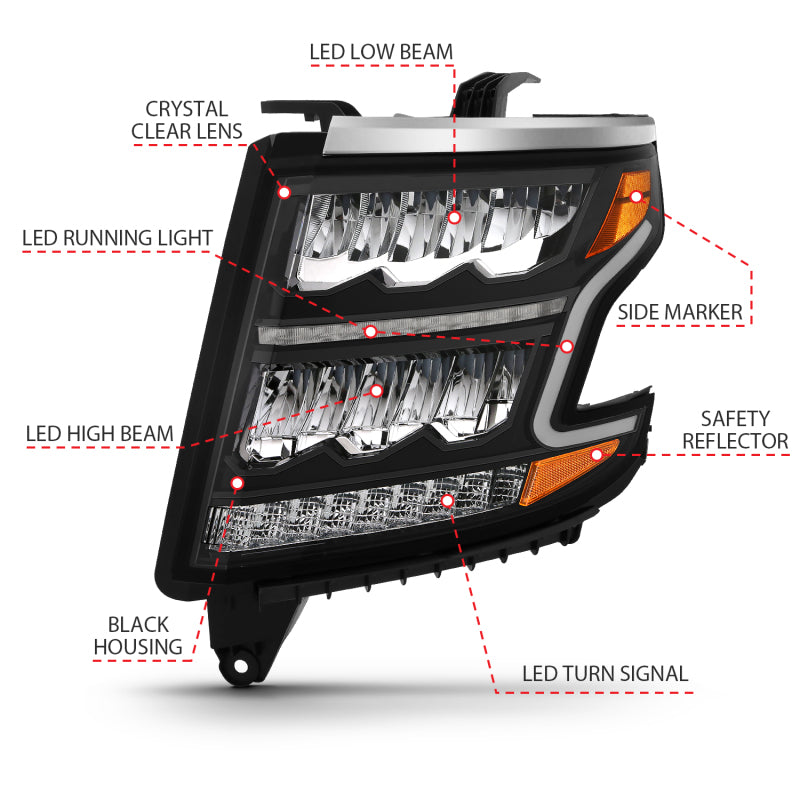 ANZO 111478 FITS: 15-20 Chevy Tahoe/Suburban LED Light Bar Style Headlights Black w/Sequential w/DRL w/Amber Headlights
