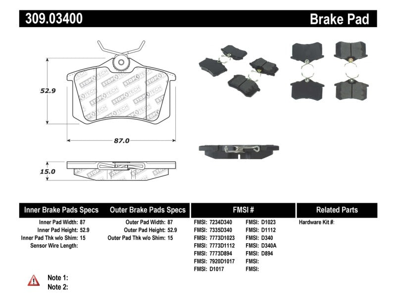 Stoptech 309.03400 FITS:StopTech 02-08 Audi A4 Quattro / 2/99-02 Audi S4 / 93-10 VW Golf GL/GLS Performance Rear Brake Pads Brake Pads Performance