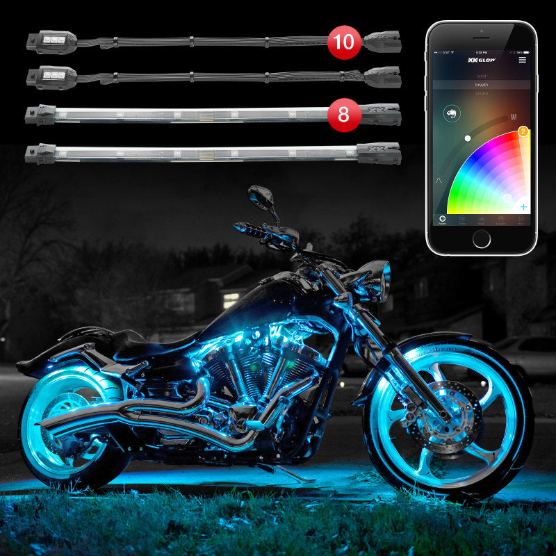 XKGLOW KS-MOTO-ADVANCE FITS:XK Glow Strip Million Color XKCHROME Smartphone App ATV/Motorcycle LED Light Kit 10XPod + 8X10In Light Accessories and Wiring