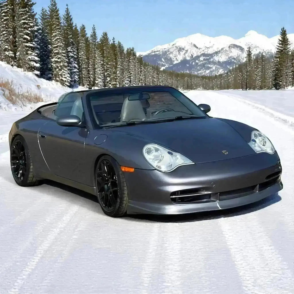 Grey Porsche 996.2 front lip and ducktail spoiler made of polyurethane, upgrade for 2002–2004 models by BetterBodies Motorsport.