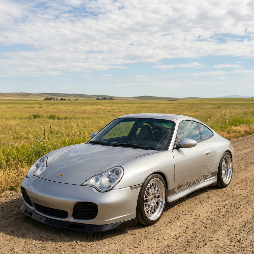 Silver Porsche 996 Turbo front lip spoiler by BetterBodies Motorsport, racing style upgrade for enhanced front bumper appearance.