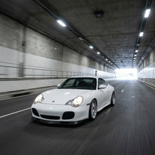 Load image into Gallery viewer, White Porsche 996 Turbo front lip spoiler by BetterBodies Motorsport, racing style upgrade for 1999-2004 Porsche 996 Turbo bumper enhancement.