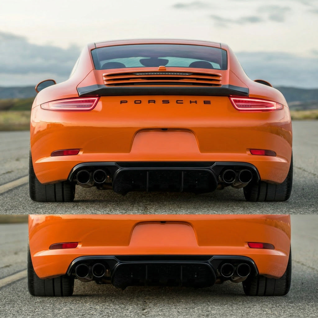 Orange Porsche 991.1 rear diffuser upgrade by BetterBodies Motorsport, made of polyurethane for aerodynamic enhancement.