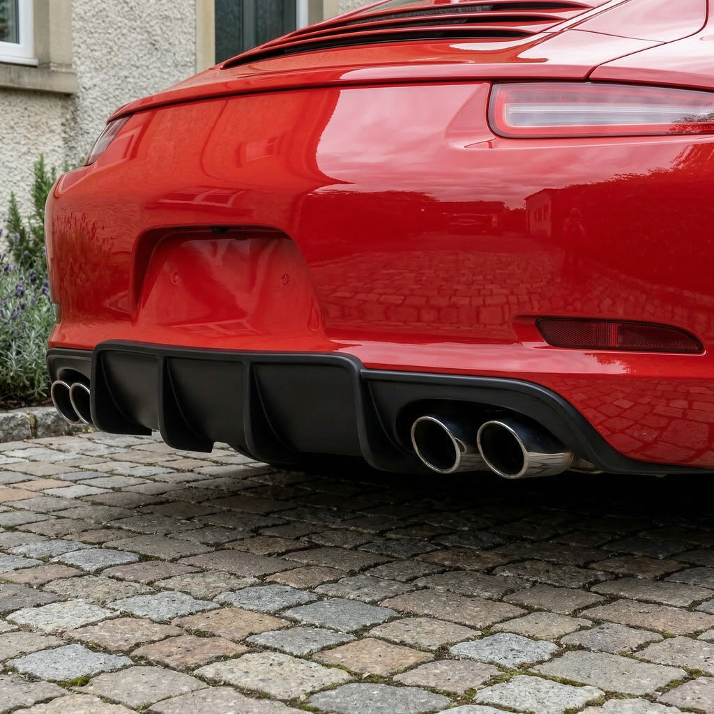 Red Porsche 991 Carrera 2012-2015 with BetterBodies Motorsport polyurethane rear diffuser, racing style aero upgrade on rear bumper.