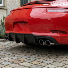 Load image into Gallery viewer, Red Porsche 991 Carrera 2012-2015 with BetterBodies Motorsport polyurethane rear diffuser, racing style aero upgrade on rear bumper.