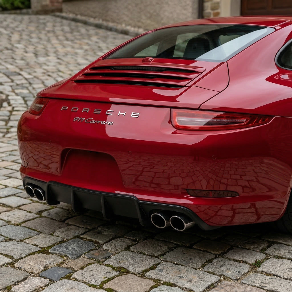 Red Porsche 991 Carrera 2012-2015 with BetterBodies Motorsport polyurethane rear diffuser, racing style aero upgrade on the rear bumper.