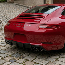 Load image into Gallery viewer, Red Porsche 991 Carrera 2012-2015 with BetterBodies Motorsport polyurethane rear diffuser, racing style aero upgrade on the rear bumper.