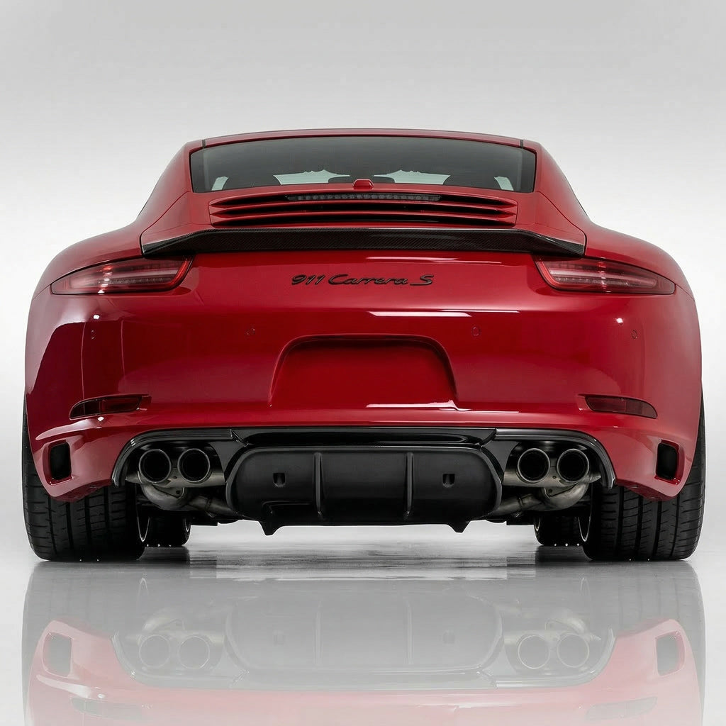 Red Porsche 991.1 rear diffuser by BetterBodies Motorsport, polyurethane aero upgrade for 2012–2016 models.
