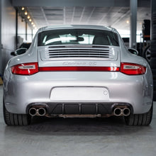 Load image into Gallery viewer, Silver Porsche 997.2 rear bumper diffuser in RUF/TA style, made of polyurethane, installed on a 2009–2012 sports car.