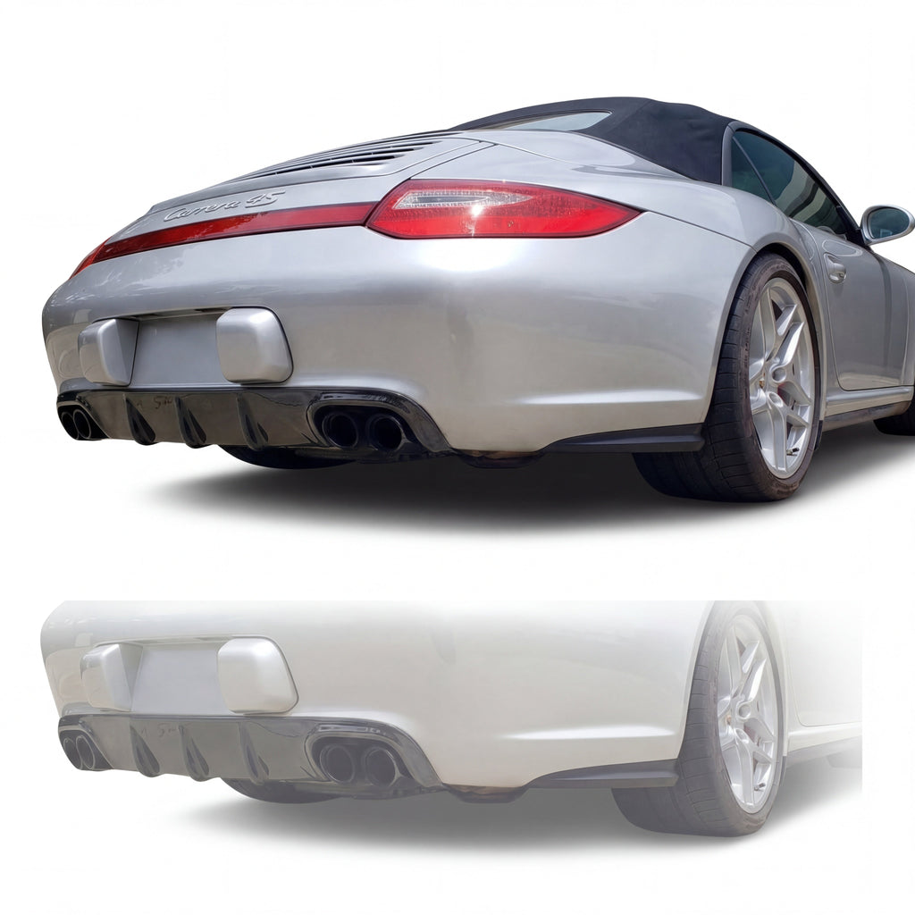 Silver Porsche 997.2 rear bumper diffuser in RUF/TA style, made of polyurethane, fitted to a 2009–2012 model.