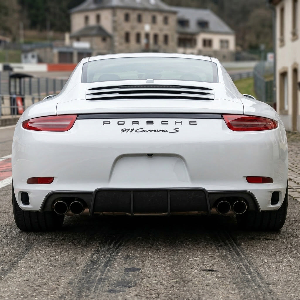 White Porsche 991 Carrera 2012–2015 with BetterBodies Motorsport polyurethane rear diffuser, racing style aero upgrade on rear bumper