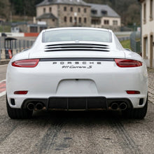 Load image into Gallery viewer, White Porsche 991 Carrera 2012–2015 with BetterBodies Motorsport polyurethane rear diffuser, racing style aero upgrade on rear bumper