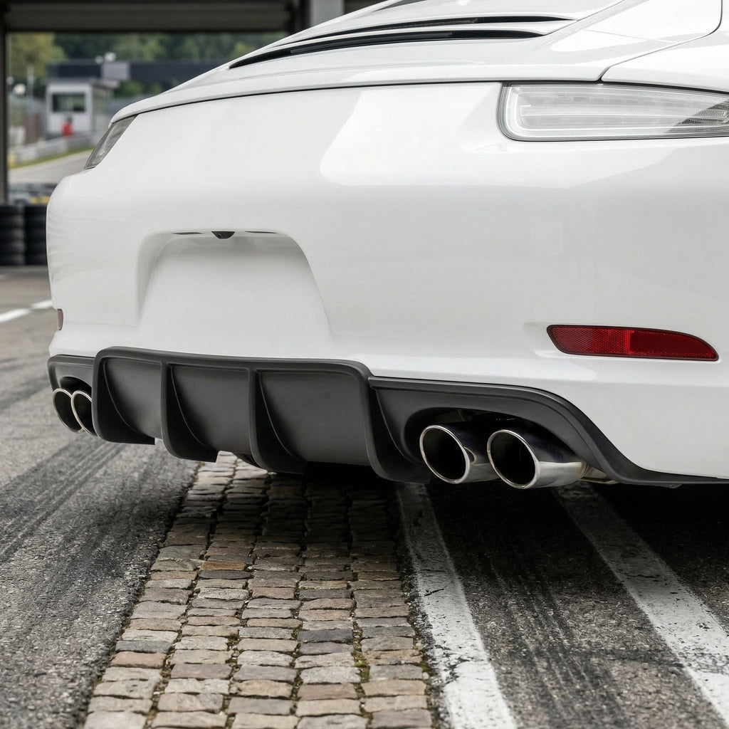 White Porsche 991 Carrera 2012-2015 with BetterBodies Motorsport polyurethane rear diffuser, racing style aero upgrade, rear bumper enhancement.
