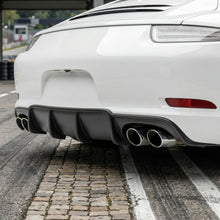 Load image into Gallery viewer, White Porsche 991 Carrera 2012-2015 with BetterBodies Motorsport polyurethane rear diffuser, racing style aero upgrade, rear bumper enhancement.