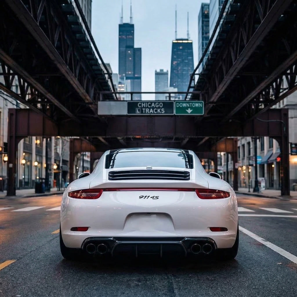 White Porsche 991.1 rear diffuser upgrade by BetterBodies Motorsport, made of polyurethane for aerodynamic enhancement.