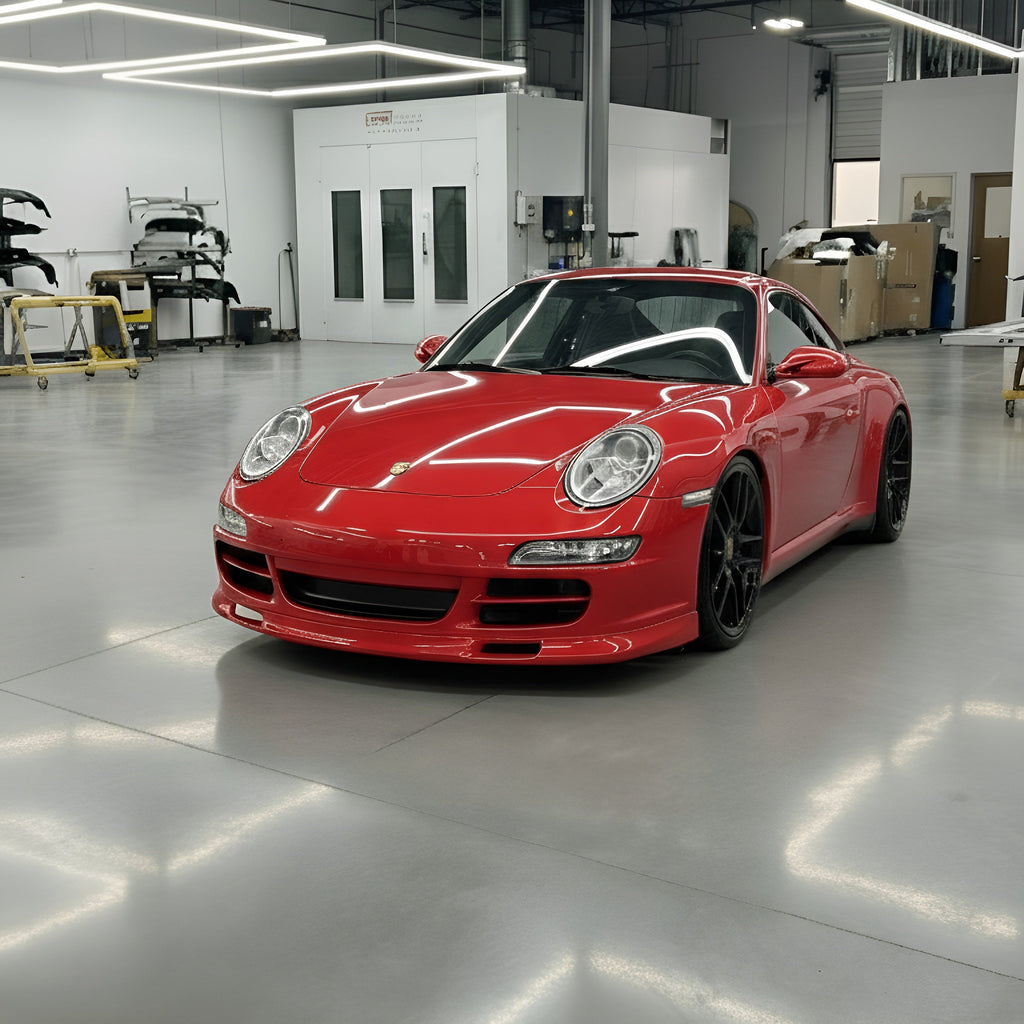 Porsche 997.1 Carrera front spoiler lip in GT3-style polyurethane, designed for 2005-2008 models, by BetterBodies Motorsport.