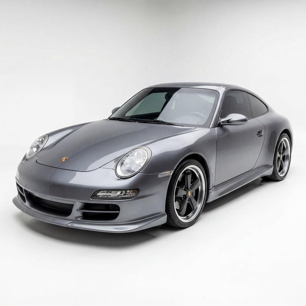 BetterBodies Motorsport polyurethane side skirts for Porsche 997 Carrera narrow body, 2005–2011, shown on car with removed license plate.