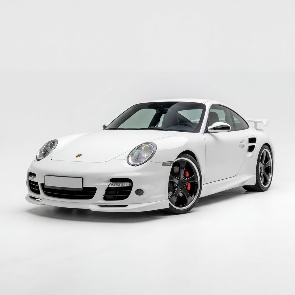 Polyurethane widebody front bumper lip for Porsche 997 Turbo (2007-2009), designed for improved aerodynamics and sporty look.