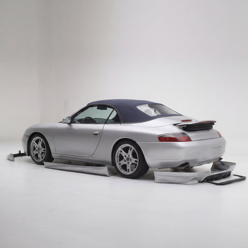 BetterBodies Motorsport Porsche 996.1 Carrera rear bumper diffuser in racing style for 1999–2001 model, designed for improved aerodynamics.