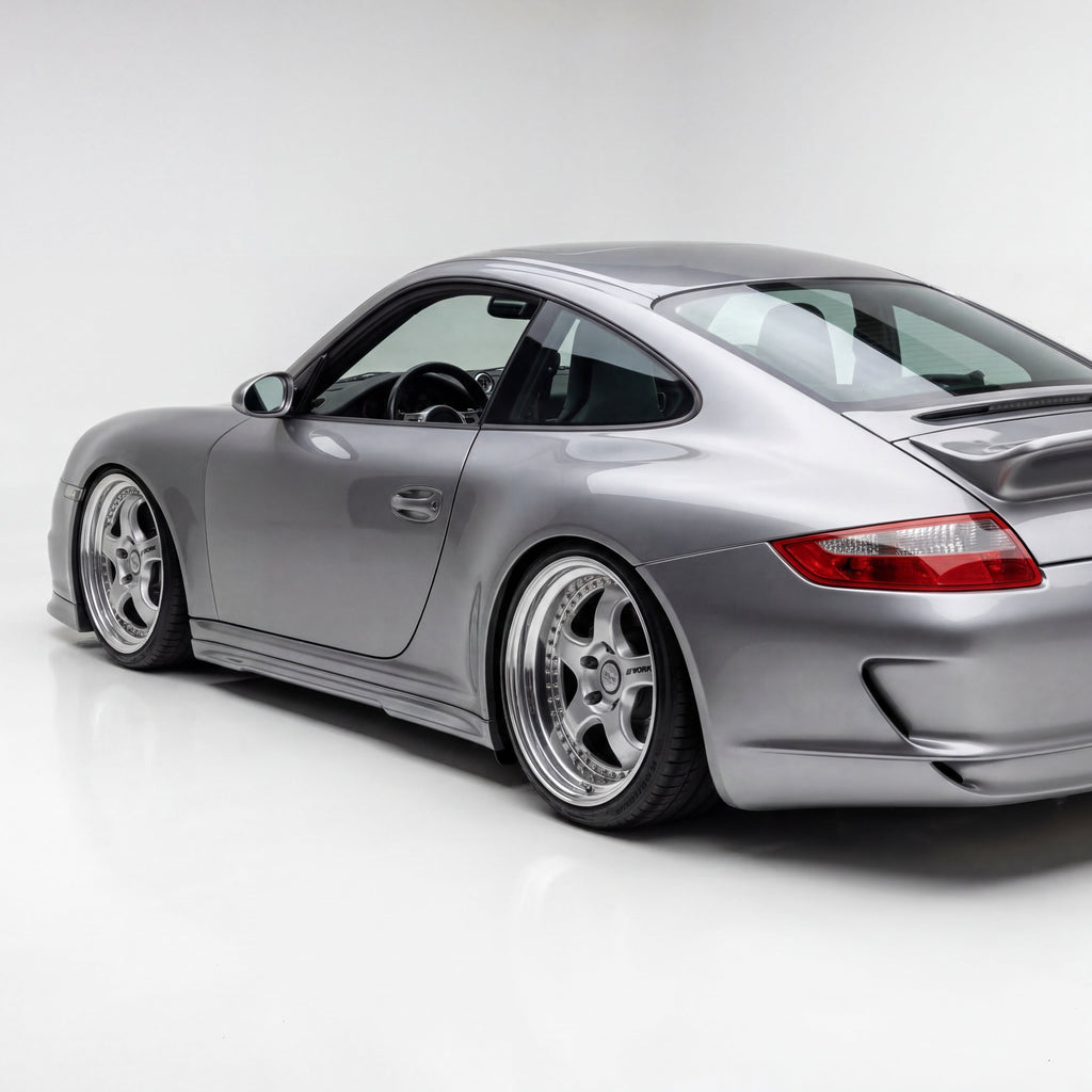 Polyurethane side skirts for Porsche 997 Carrera Mach II narrow body, 2005–2012, by BetterBodies Motorsport, shown on vehicle.