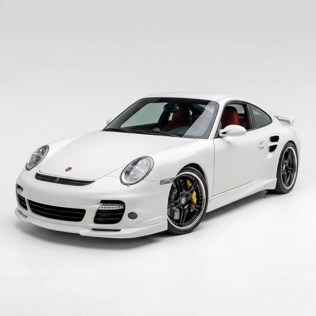 Polyurethane widebody front bumper lip for Porsche 997 Turbo, 2007–2009, by BetterBodies Motorsport, shown on a sleek car.