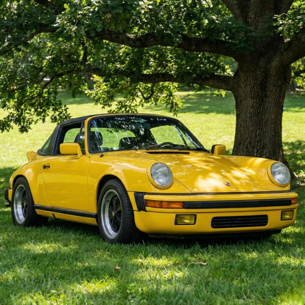 Yellow Porsche 911 RUF-style front spoiler by BetterBodies Motorsport, polyurethane narrow body design for classic 1974–1989 models.