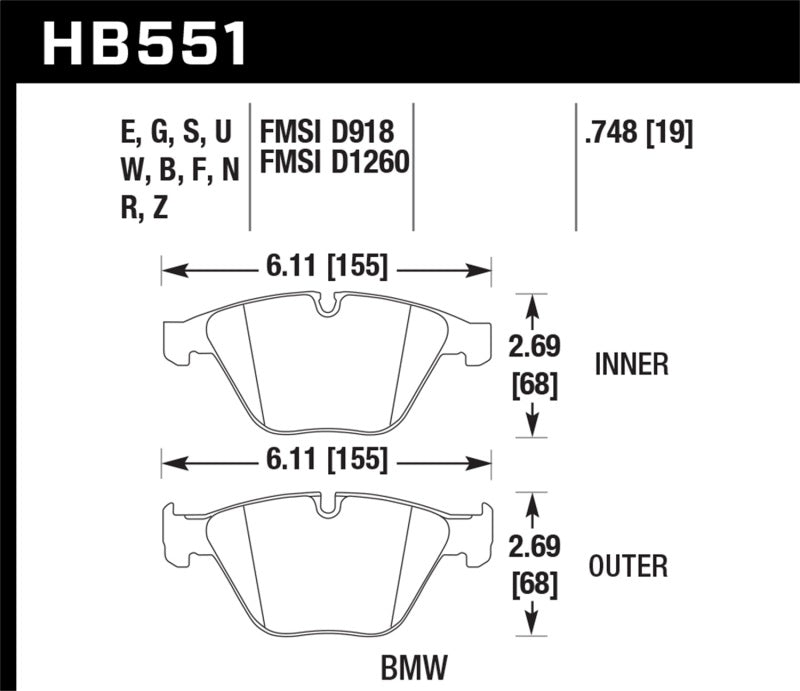 Hawk Performance HB551U.748 - Hawk 07-09 BMW 335d/335i/335xi / 08-09 328i/M3 DTC-70 Race Front Brake Pads