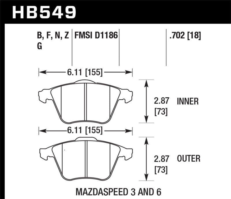 Hawk Performance HB549Z.702 - Hawk 07-08 Mazdaspeed3/06-07 Mazdaspeed6 Performance Ceramic Street Front Brake Pads
