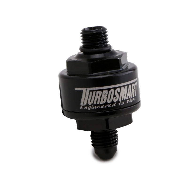 Turbosmart TS-0804-1003 - Billet Turbo Oil Feed Filter w/ 44 Micron Pleated Disc AN-4 Male to AN-4 ORB- Black
