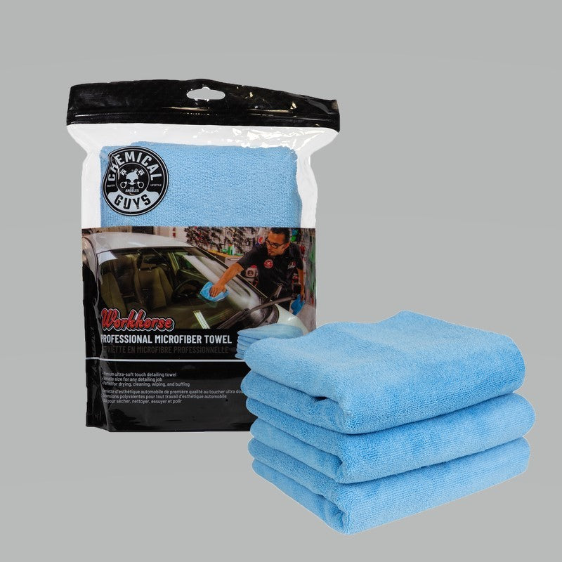 Chemical Guys MICBLUE03 - Workhorse Professional Microfiber Towel - 16in x 16in - Blue - 3 Pack