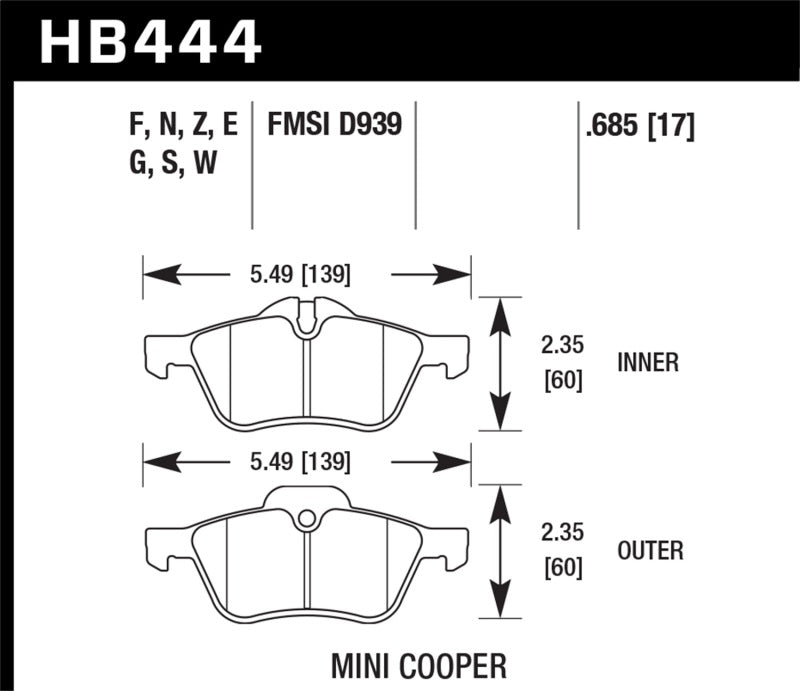 Hawk Performance HB444F.685 - Hawk 02-06 Mini Cooper / Cooper S HPS Street Front Brake Pads