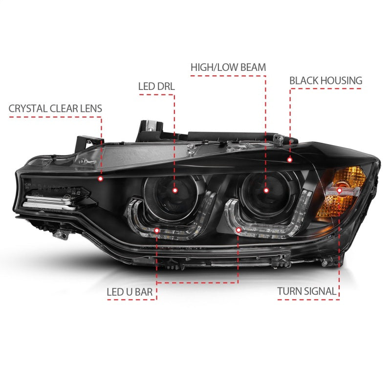 ANZO 121504 - 2012-2015 BMW 3 Series Projector Headlights w/ U-Bar Black