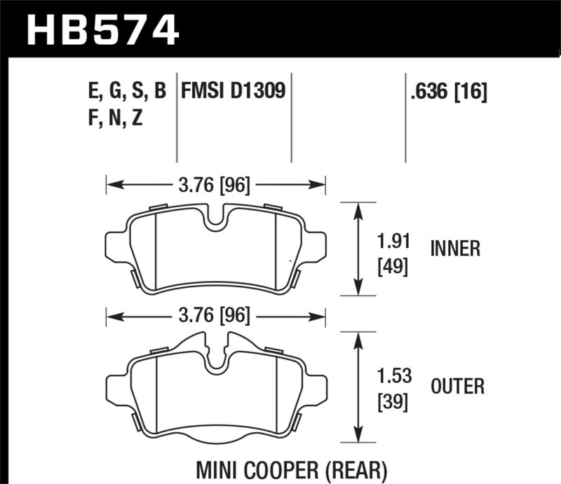 Hawk Performance HB574B.636 - Hawk 07+ Mini Cooper HPS 5.0 Rear Brake Pads