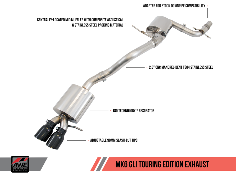 AWE Tuning 3015-22058 - Mk6 GLI 2.0T - Mk6 Jetta 1.8T Touring Edition Exhaust - Polished Silver Tips