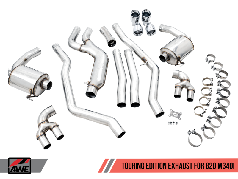 AWE Tuning 3015-42148 - 2019+ BMW M340i (G20) Non-Resonated Touring Edition Exhaust - Quad Chrome Silver Tips