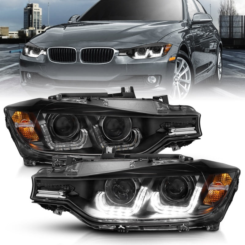ANZO 121504 - 2012-2015 BMW 3 Series Projector Headlights w/ U-Bar Black