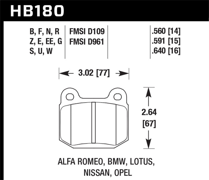 Hawk Performance HB180F.560 -Hawk 03-06 Evo / 04-09 STi / 03-07 350z Track edition/G35 w/ Brembo HPS Street Rear Brake Pads
